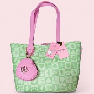 NEW Juicy Couture Pink and Green Tote With Matching Heart Coin Purse